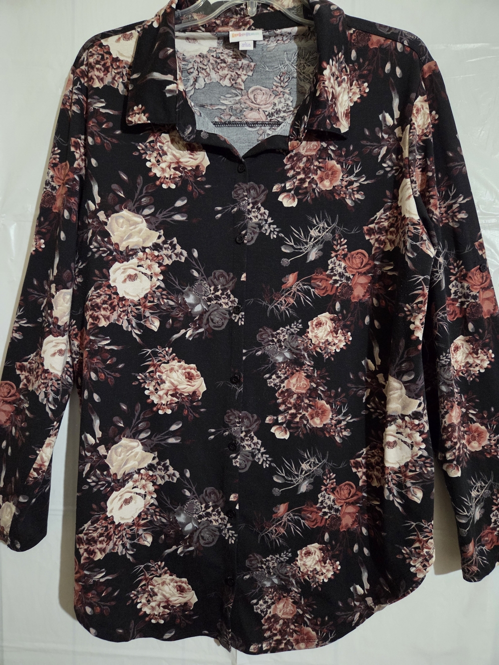 VIntage LulaRoe dark floral Button Up Blouse Size L,casual Or Office Wear
